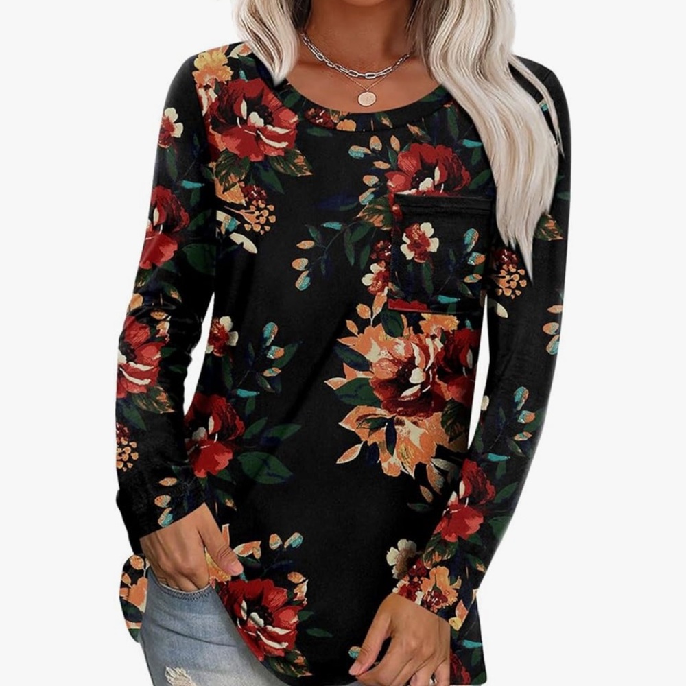 Floral Long Sleeve Top - Black and Red front pocket